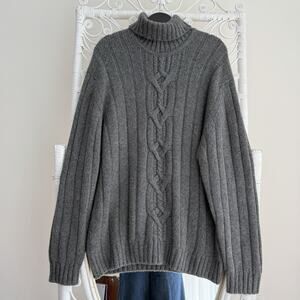 Johnstons of Elgin Cashmere Sweater Large Gray Cable Knit Turtleneck Scotland
